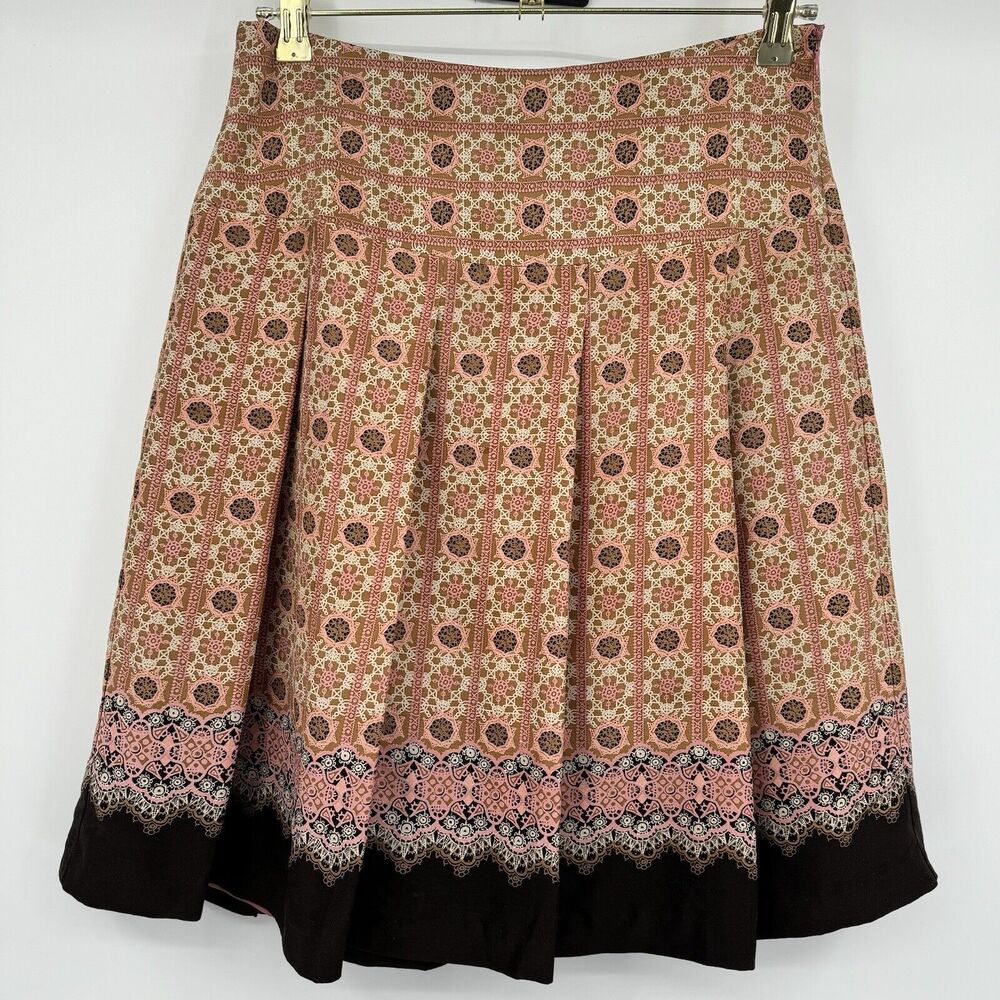 Tapemeasure Silk Pleated Skirt Size 4 Brown High Waisted A-Line Geometric Preppy